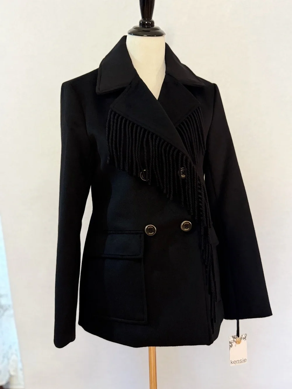 Kensie Fringe Wool Blend Peacoat Jacket Black Double Breasted Patch Pocket Small